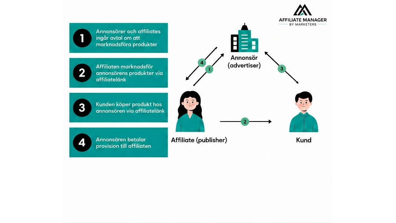 infografik som visar processen inom affiliate marketing och relationen mellan annonsör affiliate och kund grafiken består av gröna och svarta ikoner