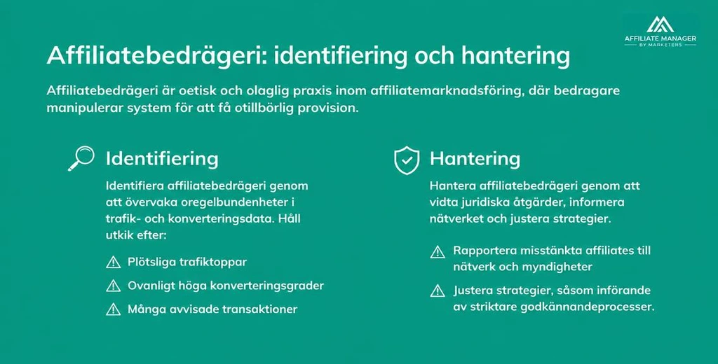 infografik som kort förklarar vad affiliatebedrägerier är och hur man identifierar och förebygger dem, infografiken har vit text på grön bakgrund