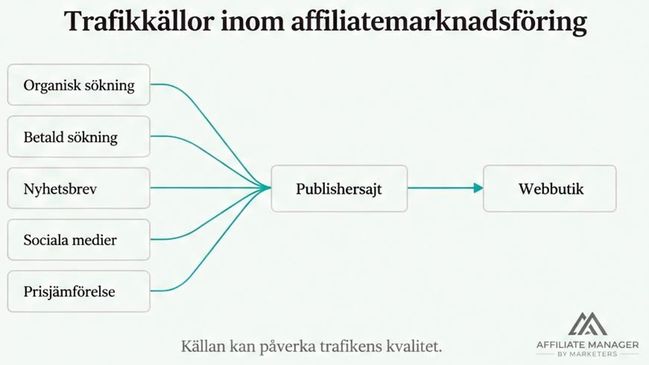 Diagram över trafikkällor inom affiliate marketing, där organisk sökning, betald sökning, nyhetsbrev, sociala medier och prisjämförelser samlas på en publicistsida som skickar besökarna vidare till webbutiken.