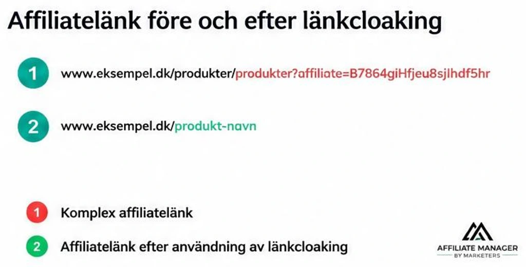 Exempel på en affiliatelänk före och efter användning av link cloaking. Bilden jämför två affiliatelänkar med hjälp av färger.