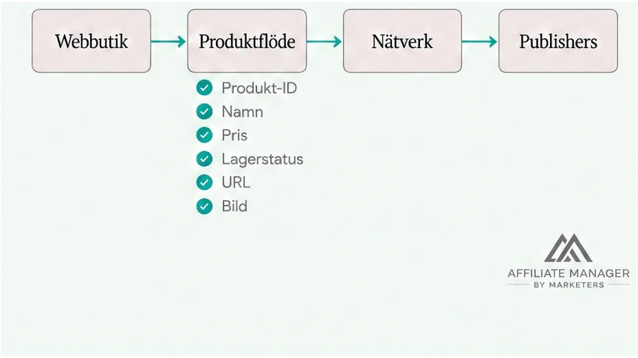 Diagram som visar dataflödets väg från webbutiken till nätverket och vidare till publicisterna, med de viktigaste fälten i flödet.