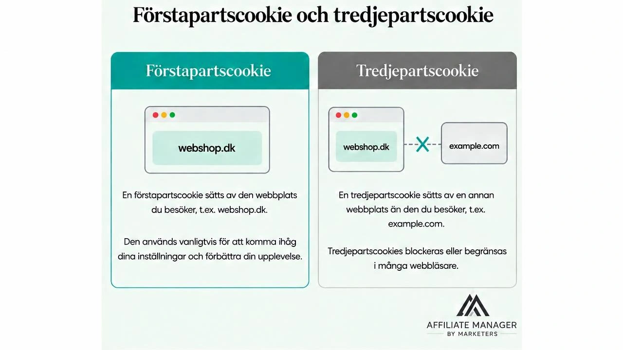 Diagram som jämför en förstapartscookie som sätts av den besökta domänen med en tredjepartscookie som sätts av en annan domän och som blockeras i de flesta webbläsare.