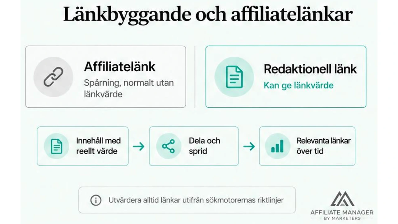Diagram som visar skillnaden mellan en spårad affiliatelänk utan länkvärde och en redaktionell länk som kan ge länkvärde, samt hur innehåll med verkligt värde kan ge relevanta länkar över tid.