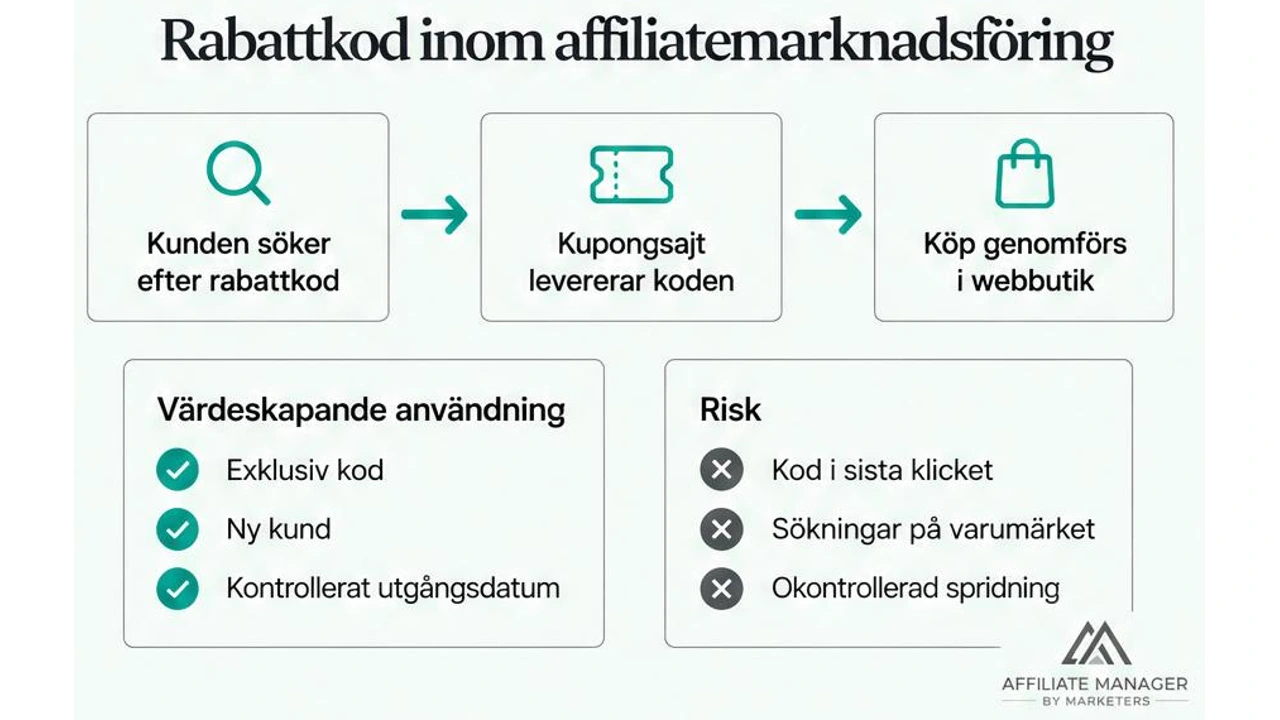 Diagram som visar kundens väg från sökning efter en rabattkod via en kupongsajt till köp i webbutiken, samt en översikt över värdeskapande användning och risker med rabattkoder inom affiliate marketing.