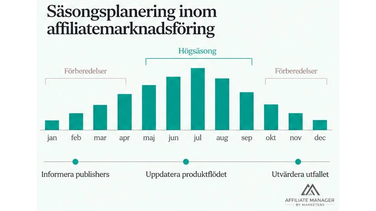 Stapeldiagram över efterfrågan månad för månad med markeringar för högsäsong och förberedelseperioder samt milstolpar för information till publishers, uppdatering av dataflödet och utvärdering efter perioden.