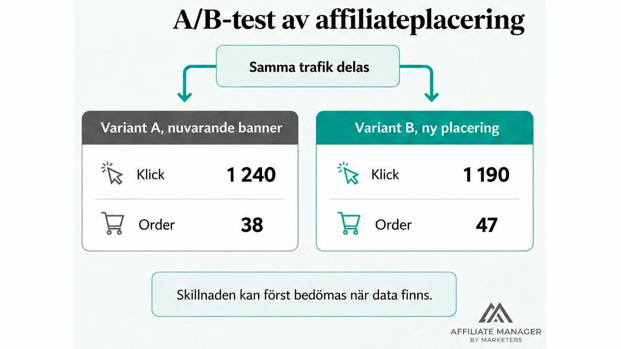 Diagram som visar ett splittest där samma trafik delas mellan variant A med nuvarande banner och variant B med ny placering, med klick och beställningar för varje variant.