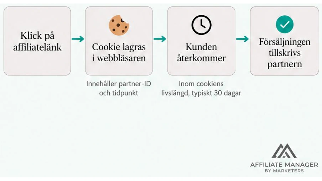 Diagram som visar förloppet från klick på affiliatelänk, till att cookien placeras i webbläsaren, till att kunden återvänder och försäljningen tillskrivs partnern.